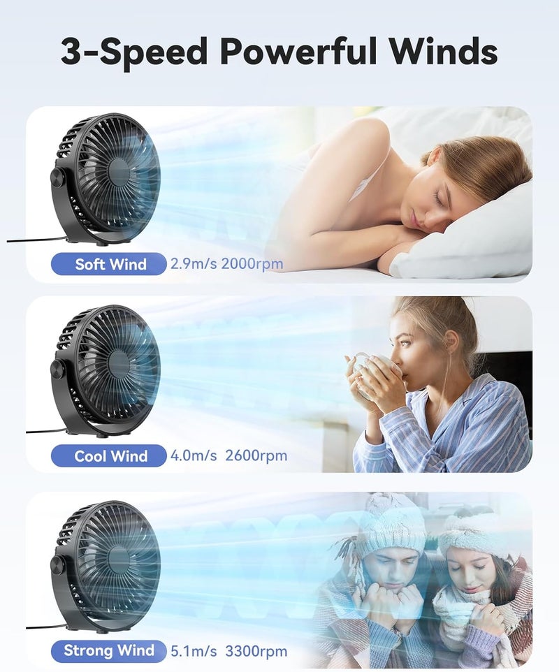 Edvision USB Desk Fan, 5 Inch Mini Portable, 3 Speeds Strong Airflow Personal Desktop, Detachable Cooling Fan 360° Rotation Quiet Small Fan for Desk Home Office Travel Car, Black, 5ft Cable - Image 2